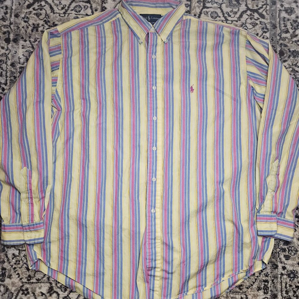 Ralph Lauren Blake Stripe Button Up Shirt 100% Cotton Pink Yellow Blue Mens XL